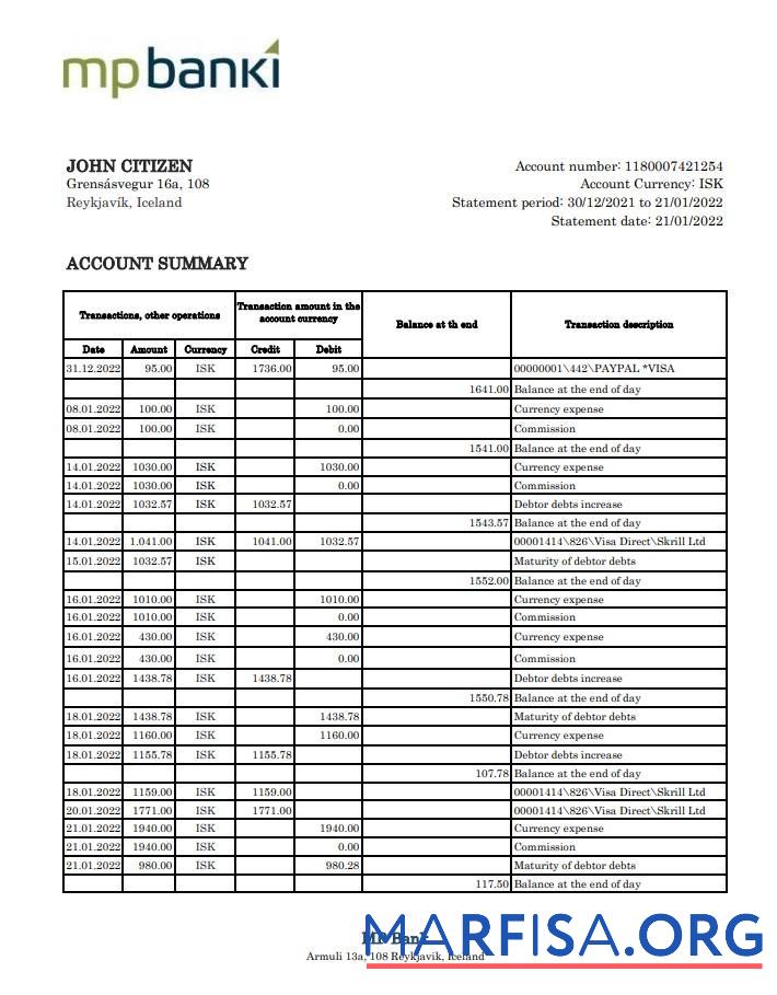 Downloadable Iceland MP bank statement excel sample